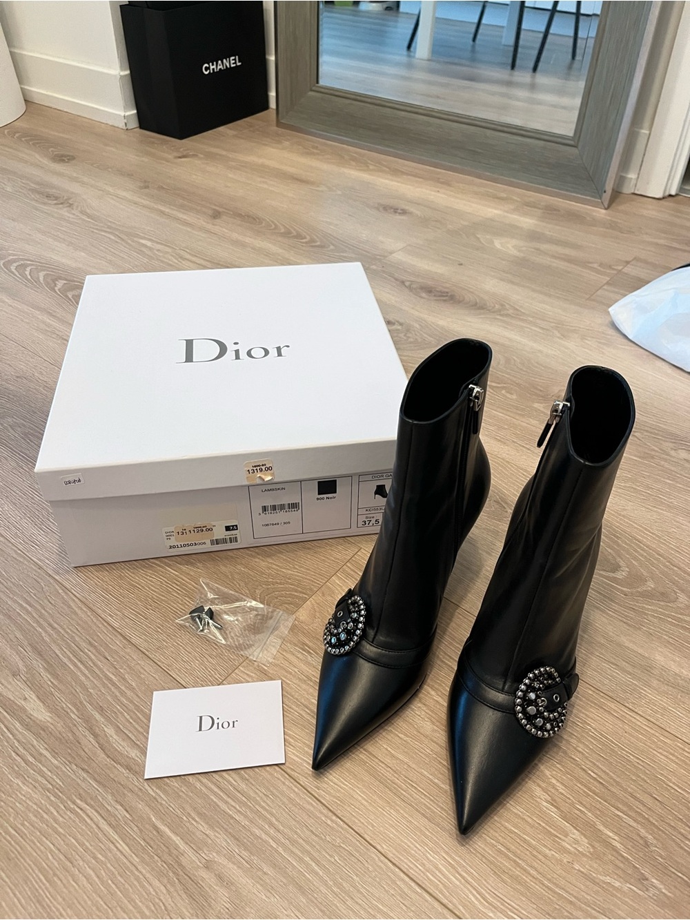 Dior Black Leather Pointed Toe Ankle Booties with Crystal Medallion